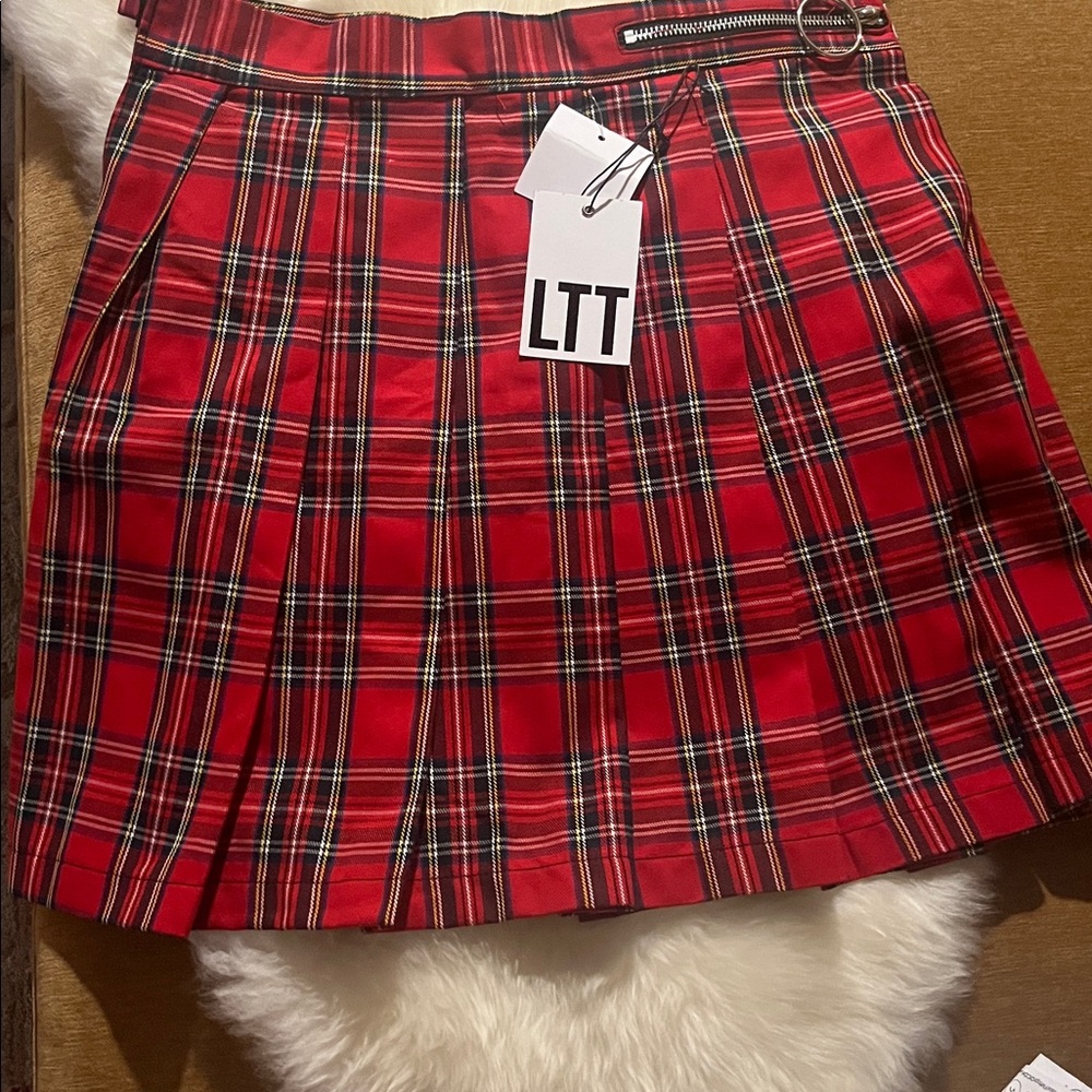Red plaid tartan pleated skirt by LIT